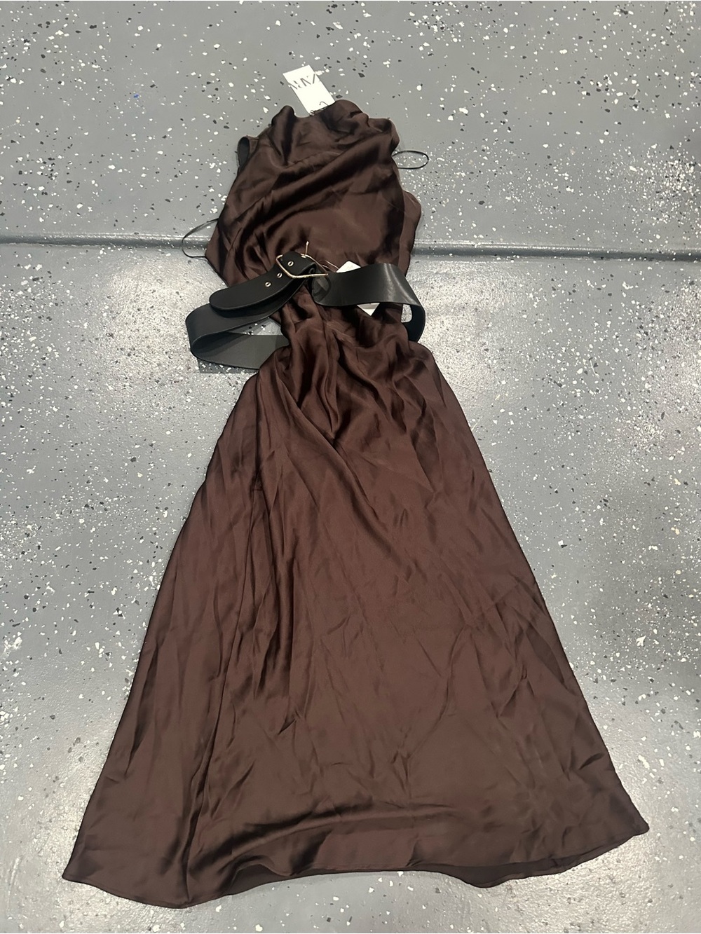 Zara Brown Satin Midi Slip Dress with Black Waist Belt